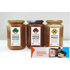 Medaus rinkinys: Miško ir aviečių medus+ Grikių medus+Liepos mėnesio medus, Viso 3Kg.